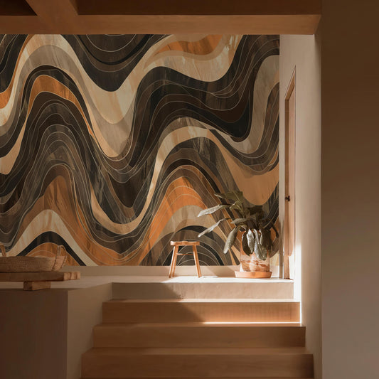 Earth Tone Wallpaper - Brown Beige Abstract Wave Peel and Stick Wall Mural