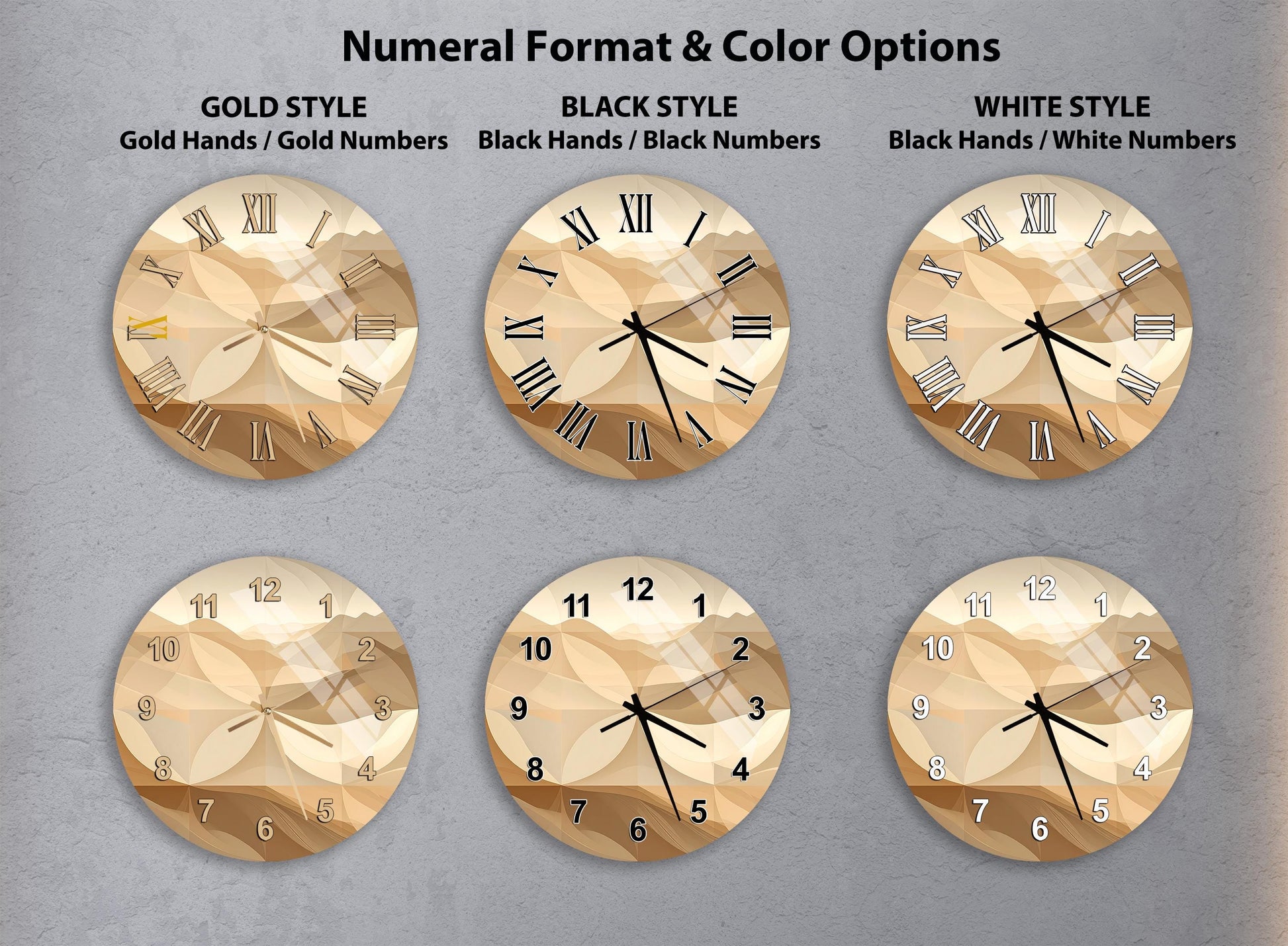 a collection of six clock faces with different styles and color options, including gold, black, white, and black and white.