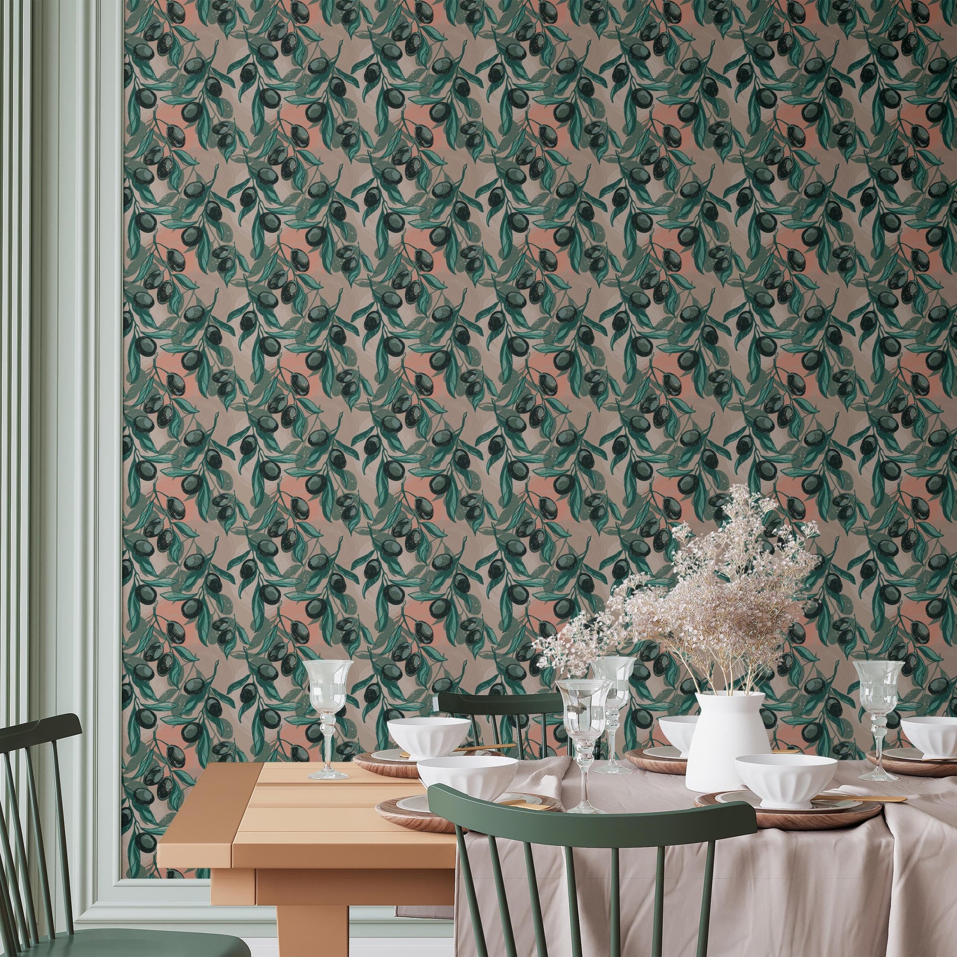 a dining room with a table set for a meal, surrounded by chairs. The table is set with plates, bowls, and wine glasses, creating an inviting atmosphere for dining. The wall behind the table is adorned with a patterned wallpaper, adding a decorative element to the space.