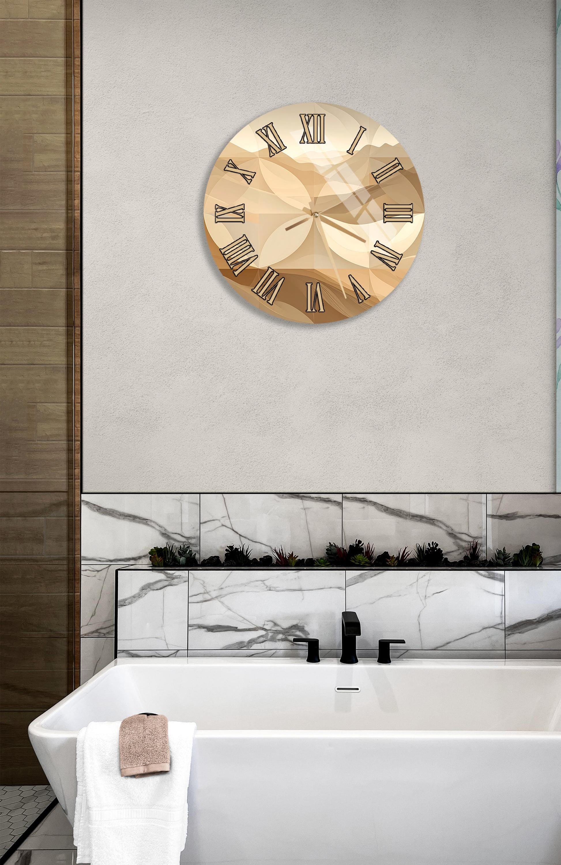 a modern bathroom with a large gold-colored clock on the wall above a white bathtub.