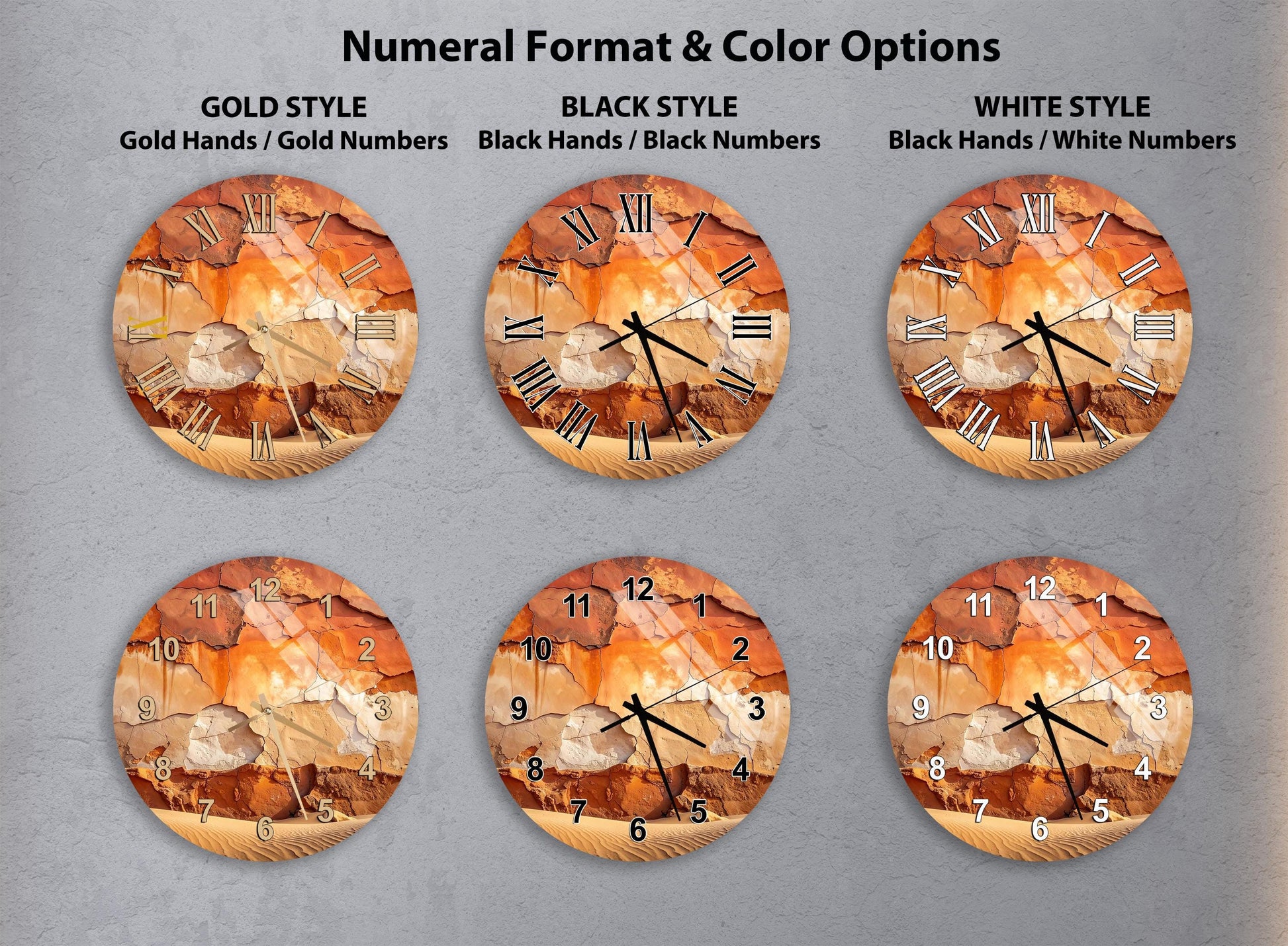 a collection of six wall clocks with different styles and color options, arranged in a grid format.