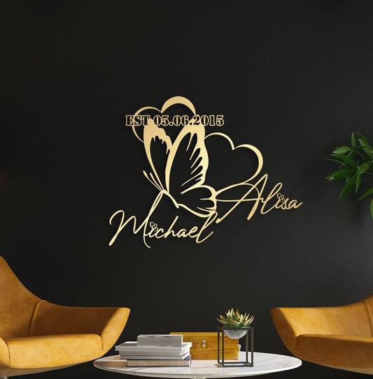 Personalized Metal Wall Art – Butterfly Heart Custom Sign, Romantic Decor