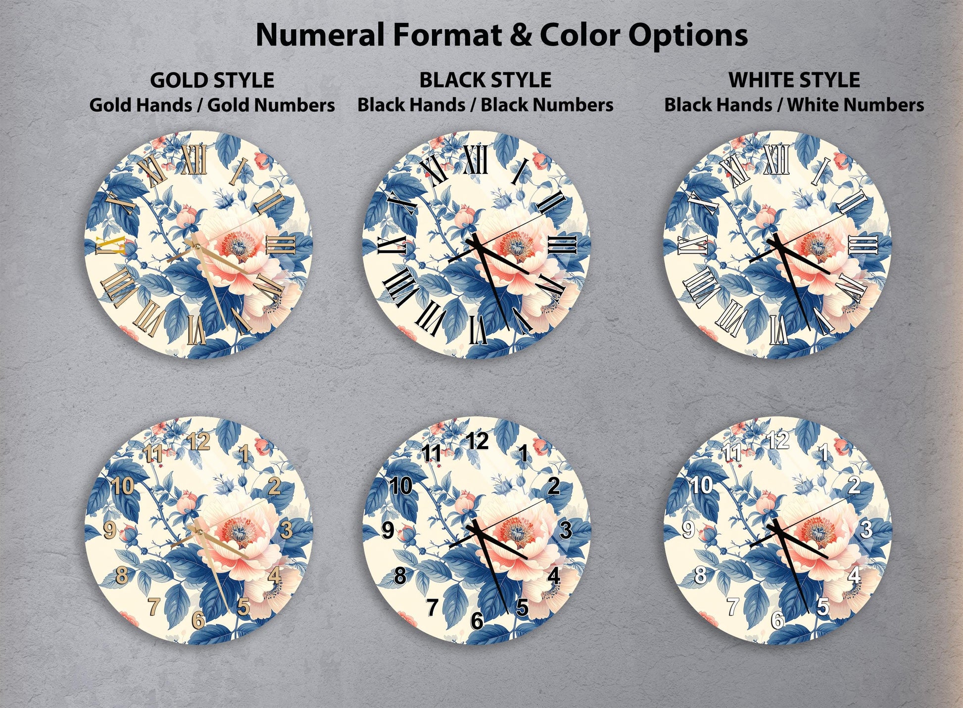 a collection of six wall clocks with different floral designs, each with a unique color and style.