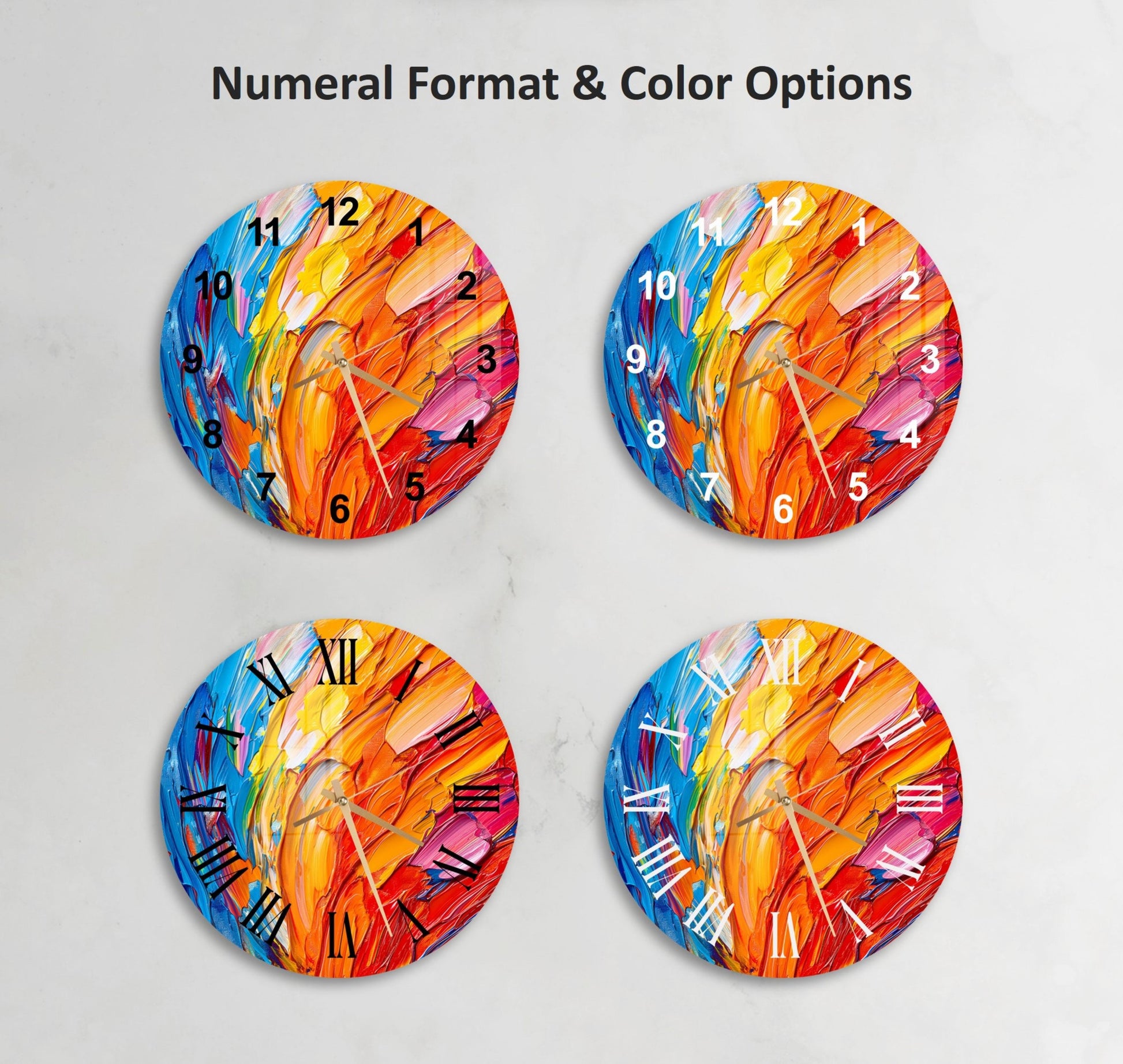 three colorful clocks with numbers on each of them