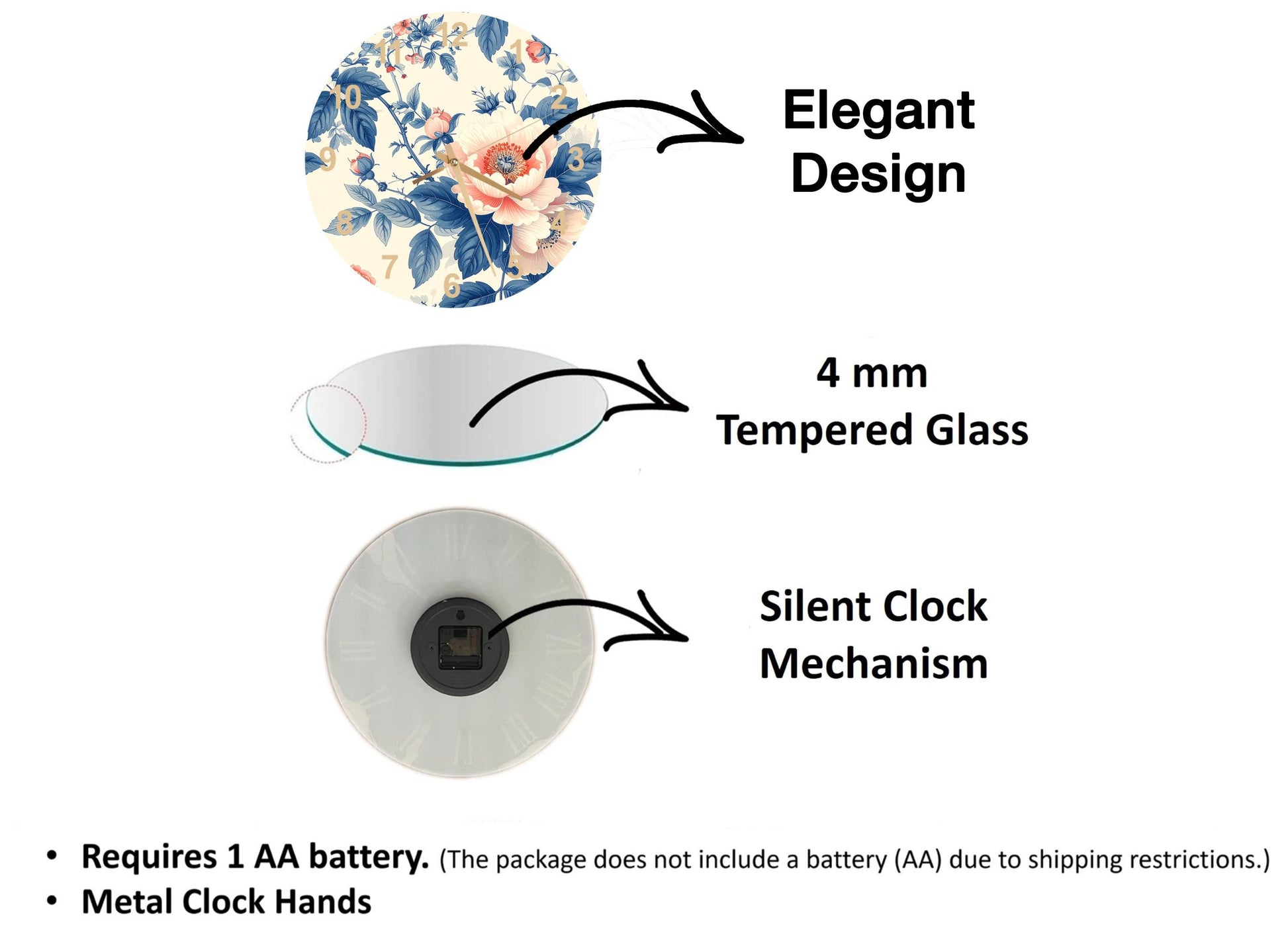 The image is a diagram that illustrates the features of a clock mechanism, including a 4 mm Tempered Glass, a Silent Clock Mechanism, and Metal Clock Hands.