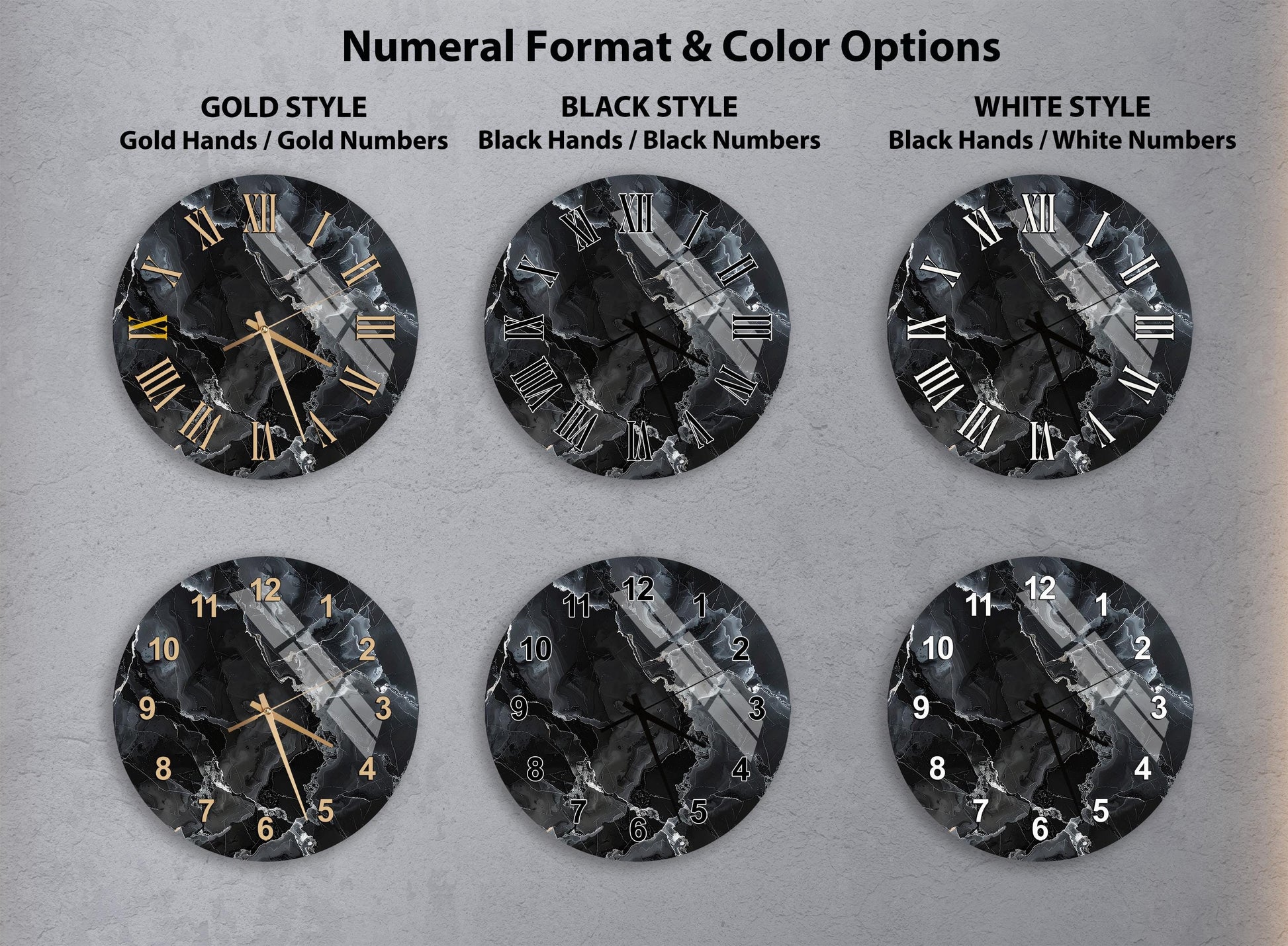 a collection of six clock faces with different styles and color options, including gold hands, black hands, black numbers, and white numbers.