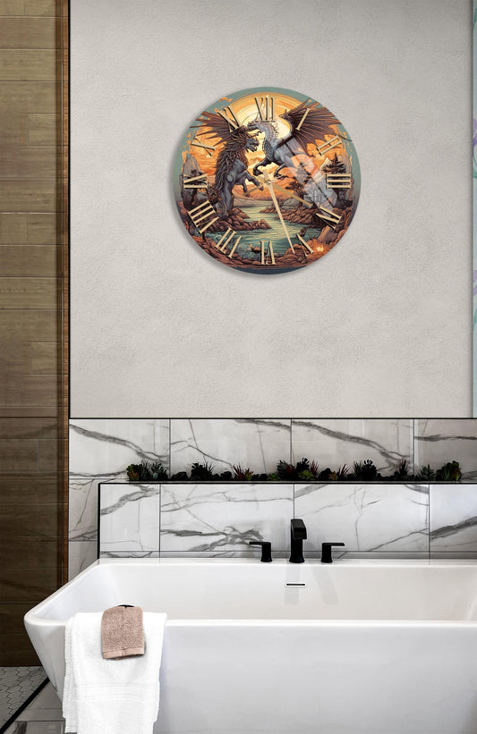 Tempered Glass Wall Clock – Dragon Griffin Design | Orange Blue Fantasy Art
