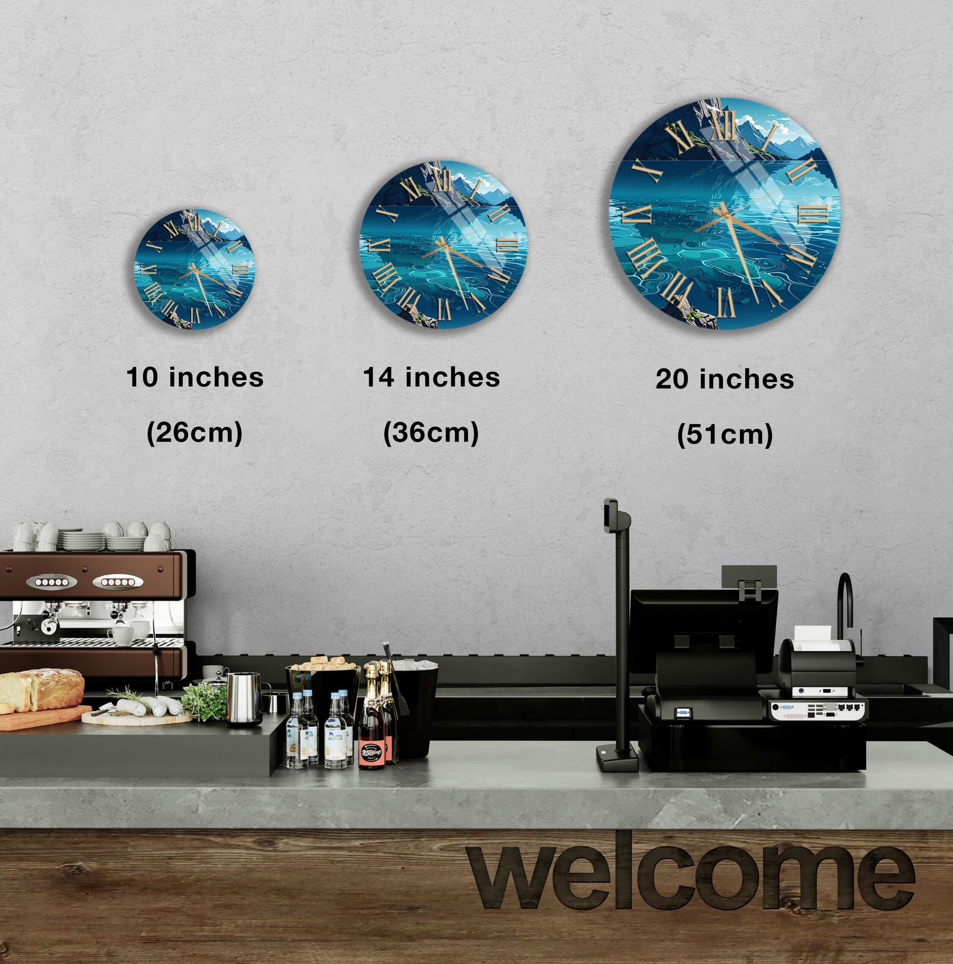 a wall with three clock faces of different sizes, each displaying a different scene. The wall is located in a restaurant setting, with a counter and various items such as bottles and a sandwich visible. The image does not contain any text that can be described in fewer than 500 characters.