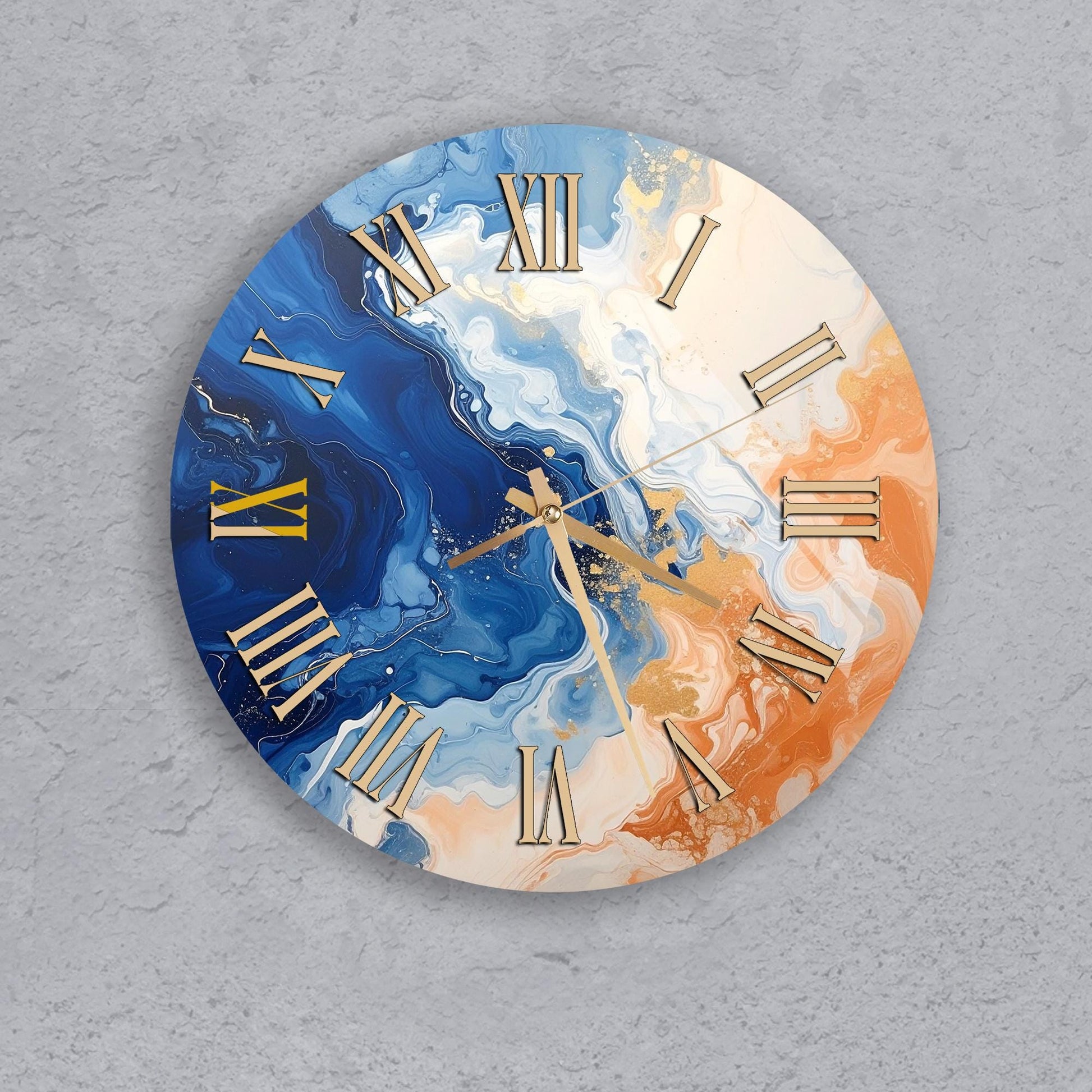 A round wall clock with a marble-style design, featuring a combination of blue and orange swirls and gold Roman numerals.