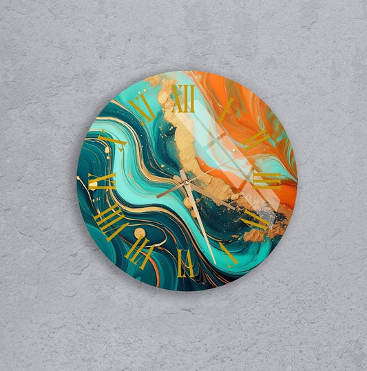 Tempered Glass Wall Clock – Marbled Style Orange & Green Abstract Decor Gift