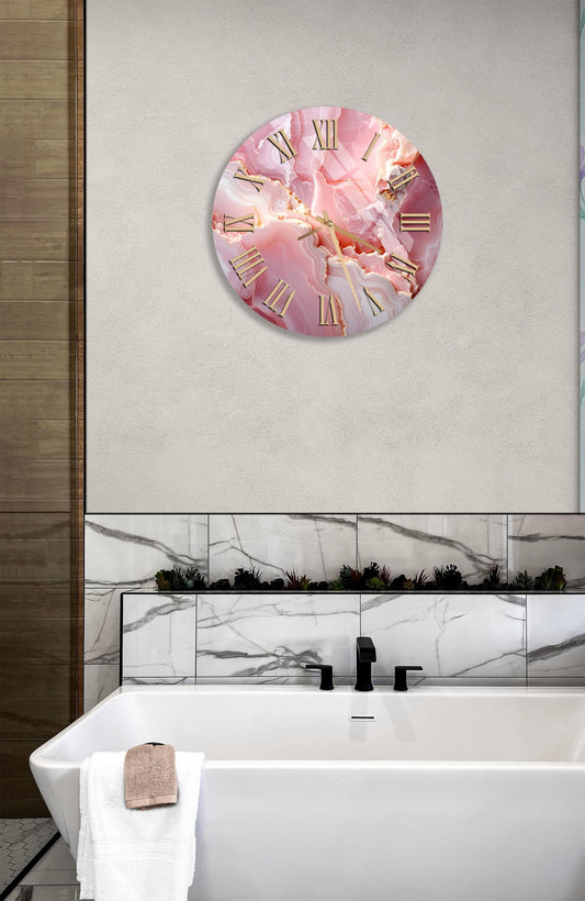 Pink Marble Wall Clock - Tempered Glass, Oversized Silent Sweep Movement Clock