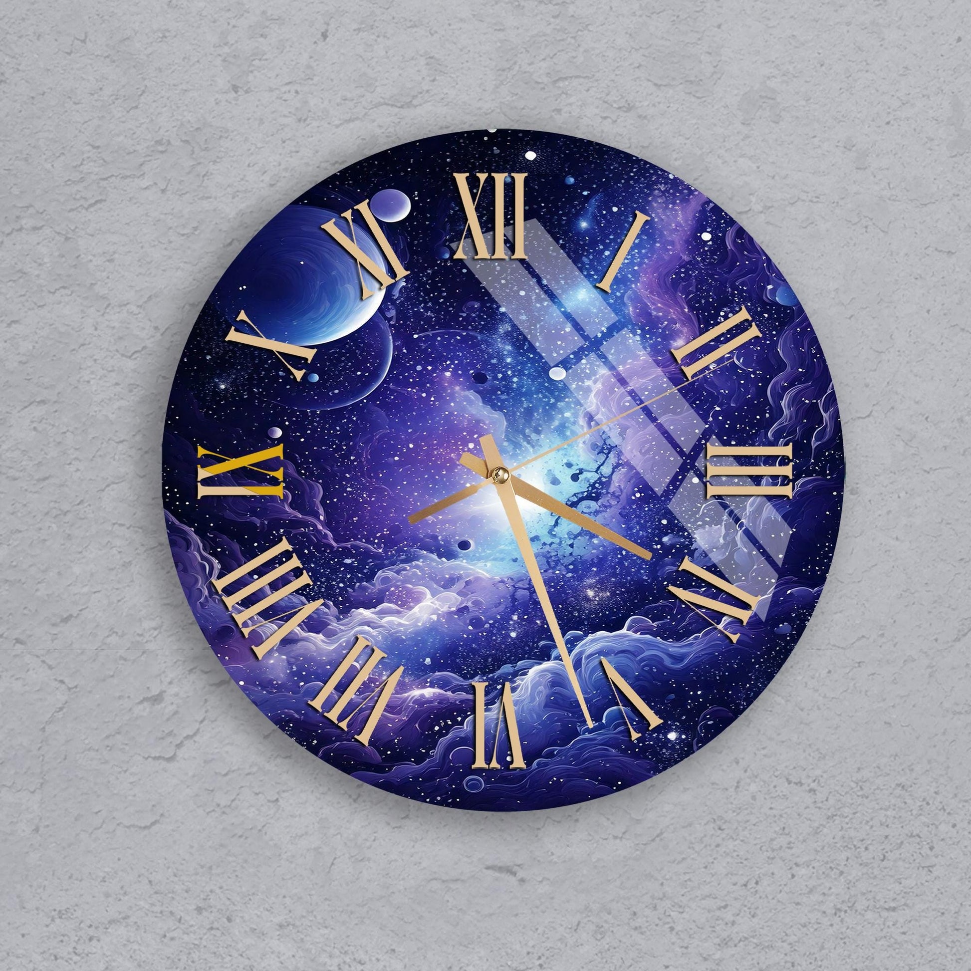a clock on a wall with a space theme
