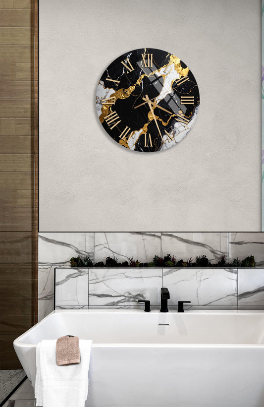 Marble Wall Clock – Tempered Glass Clock with Black Gold Accents | Elegant Decor