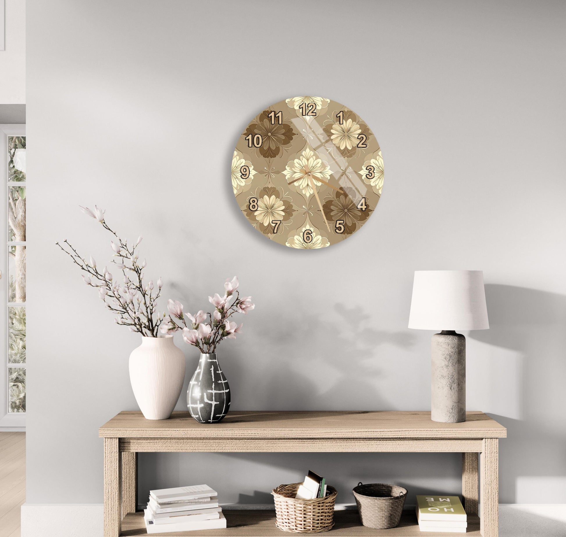 a modern living room with a wooden table, a lamp, a clock, and a vase with flowers.