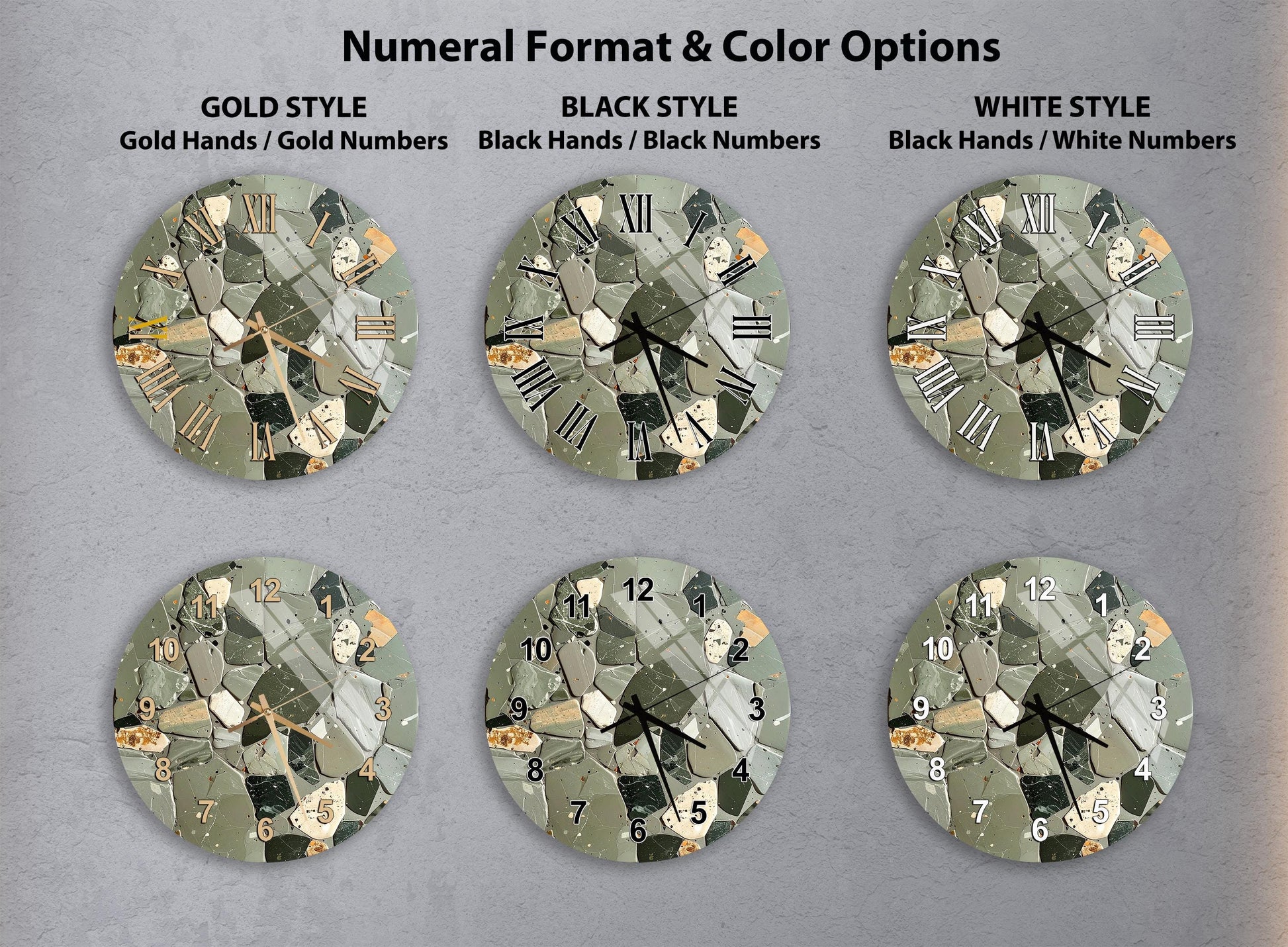 a collection of six round wall clocks with different styles and color options, including gold, black, white, and black and white.
