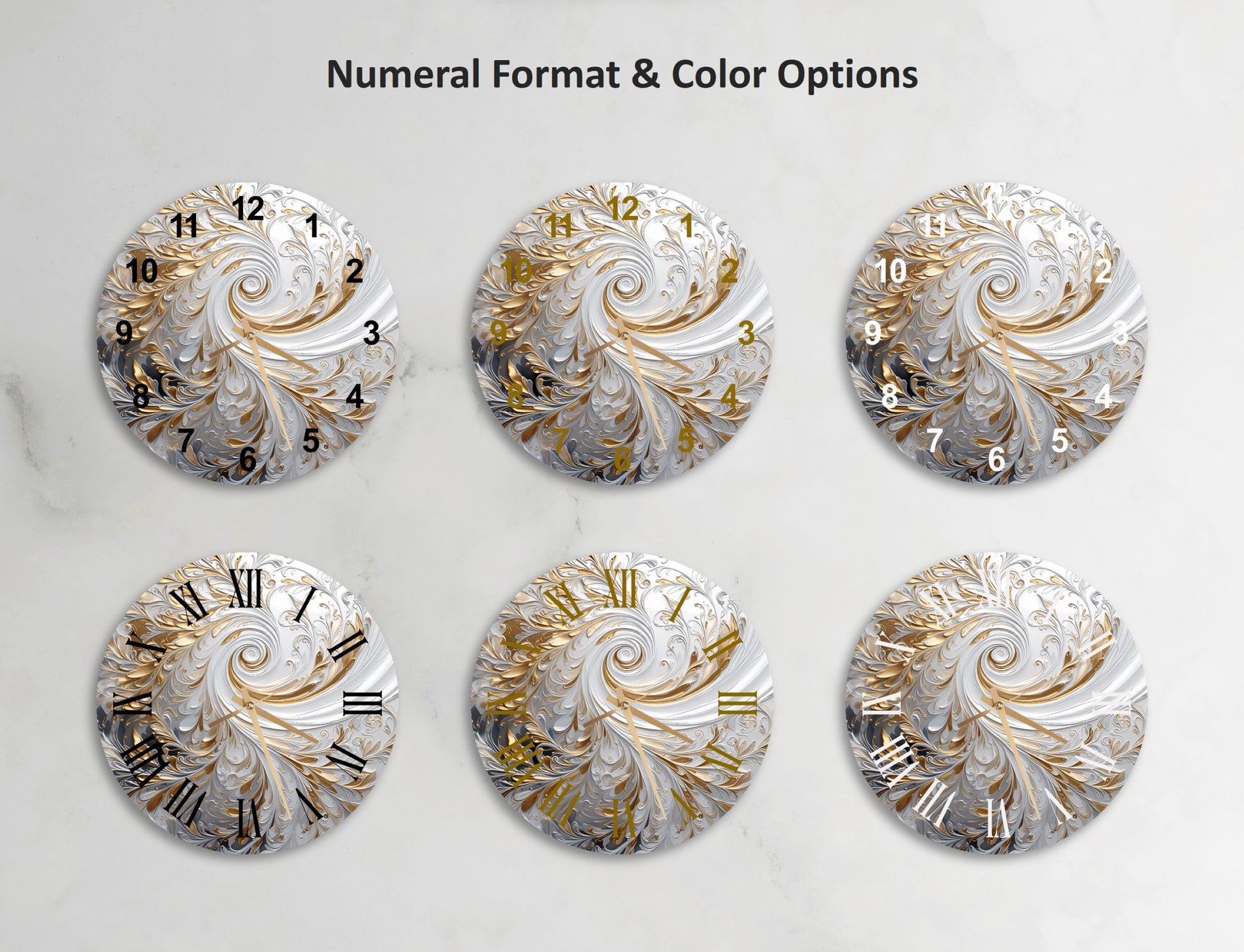 a set of four clock faces on a marble surface