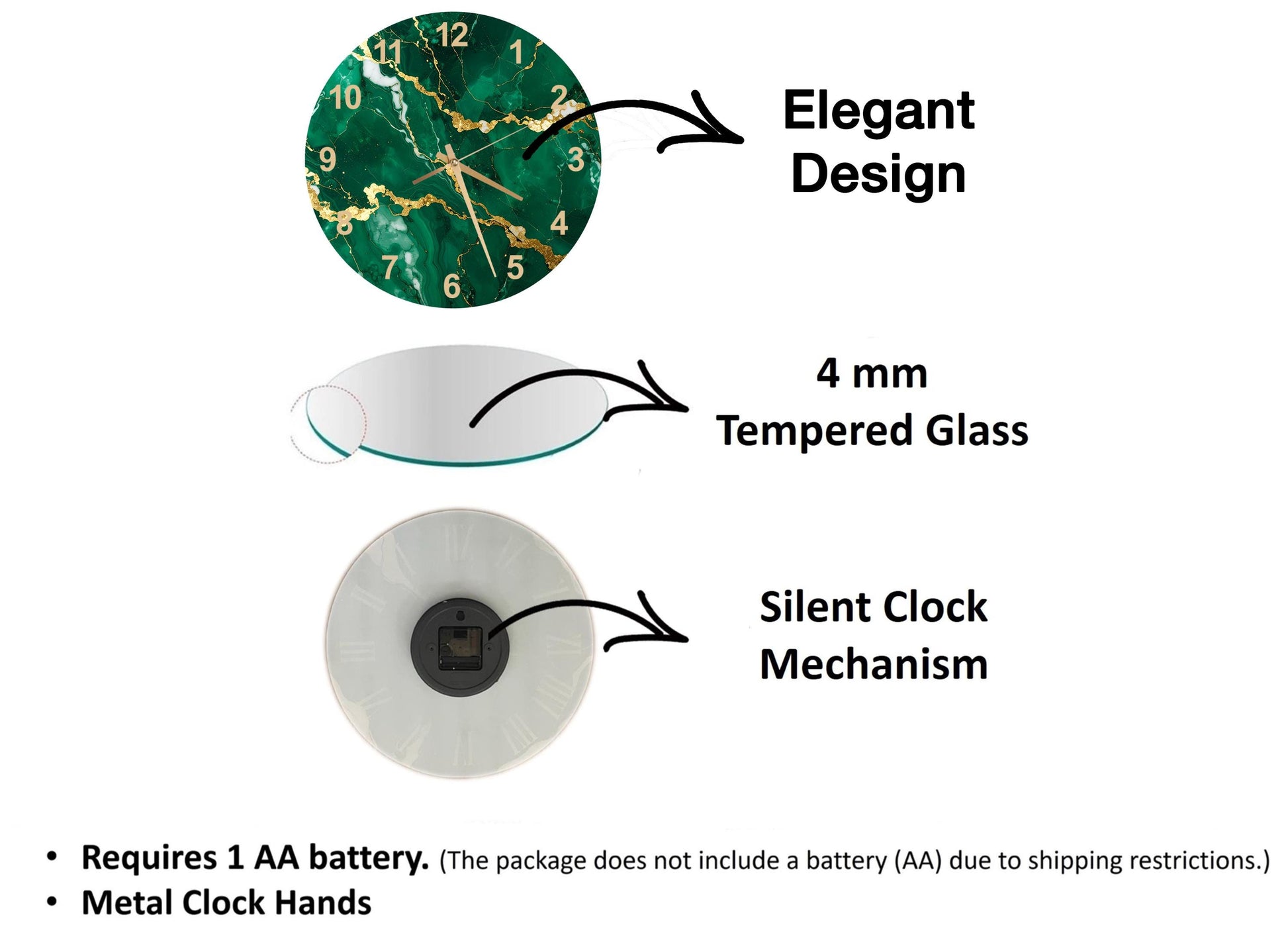 The image is a diagram that illustrates the features of a clock, including its design, materials, and functionality.