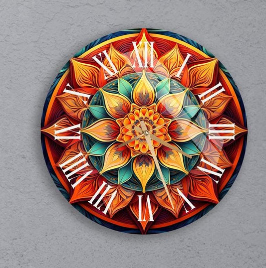 Boho Mandala Glass Clock – Purple Floral Tempered Glass, Silent & Scratch Resistant