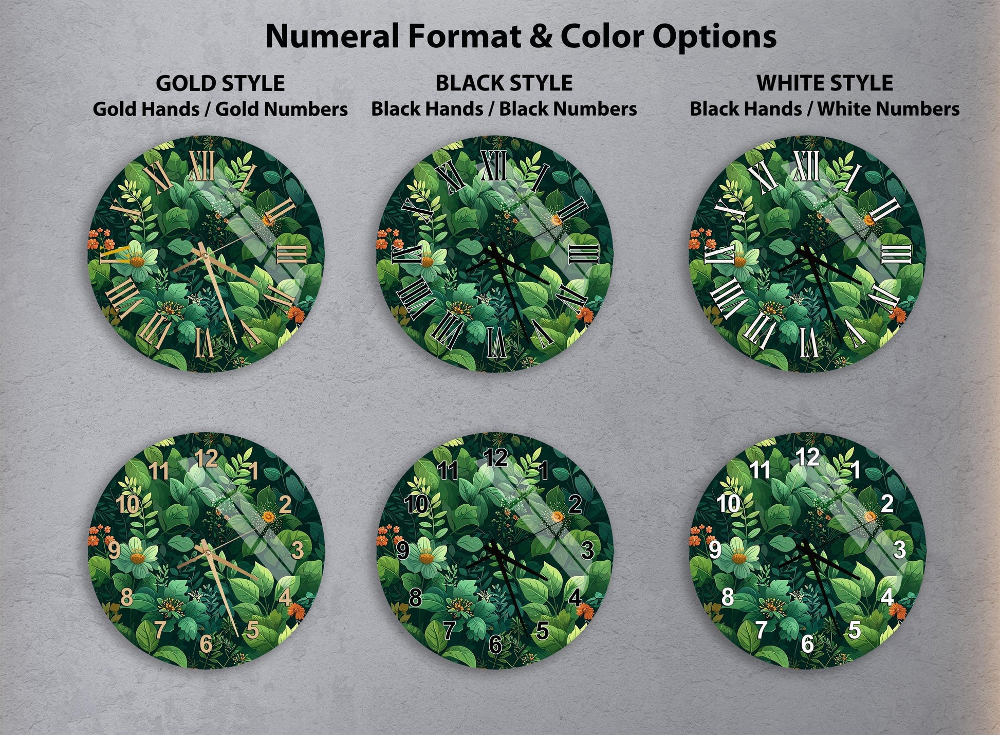 six different clock faces with various styles and color options, including gold, black, white, and green foliage.