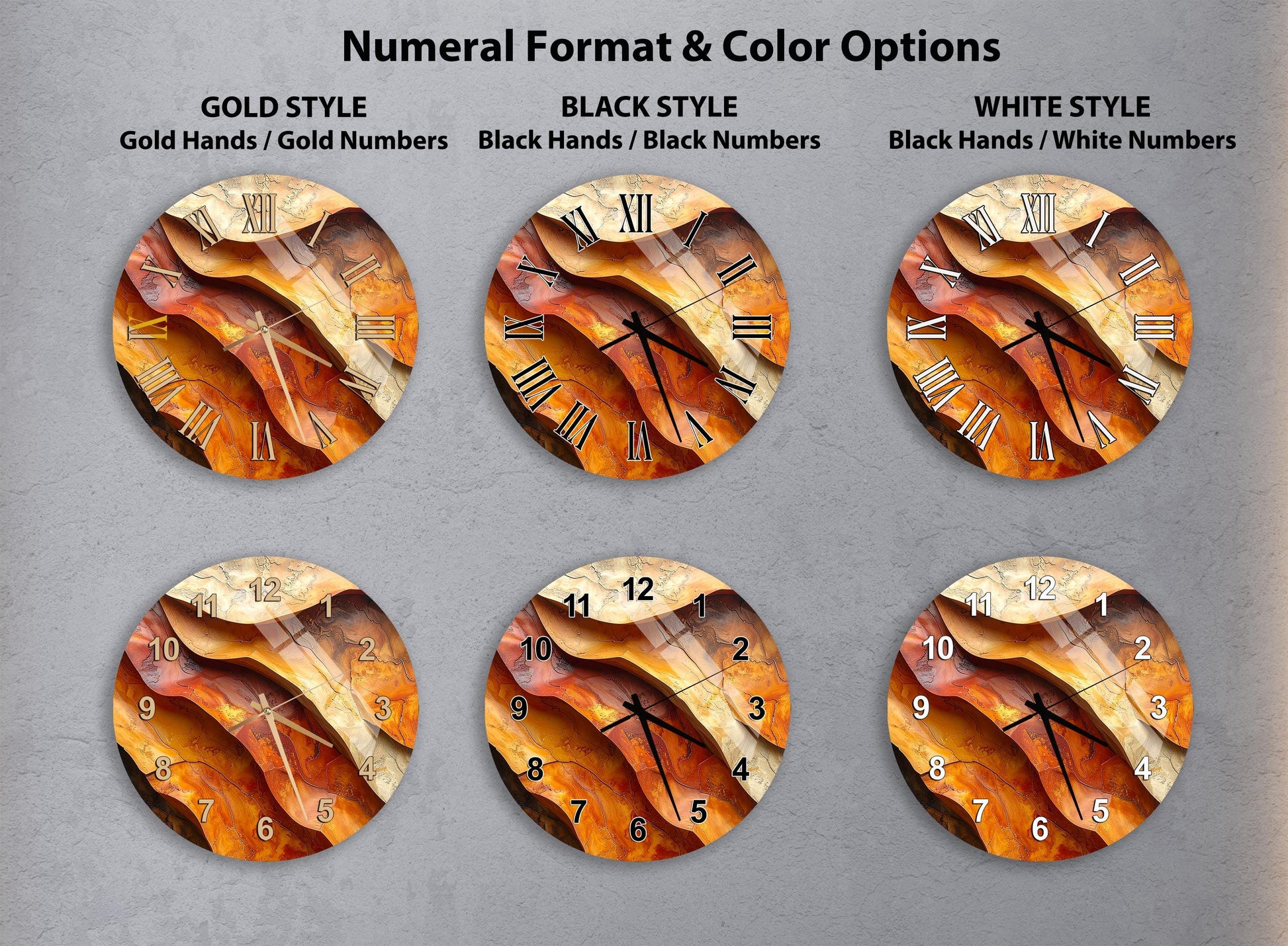 a collection of six clock faces with different styles and color options, including gold, black, white, and black and white.