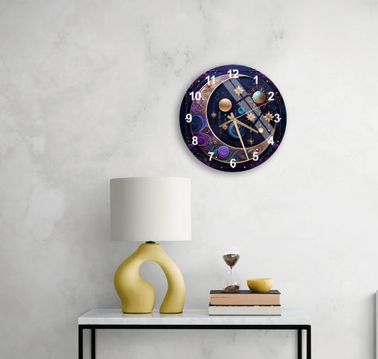 Tempered Glass Wall Clock – Deep Blue Celestial Lunar Phases Decor for Living Room