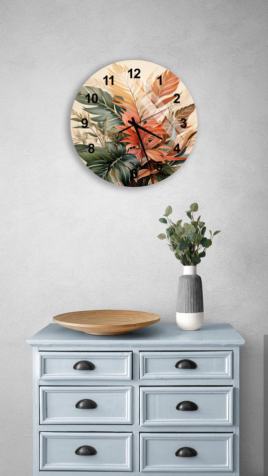 a clock on a wall above a dresser