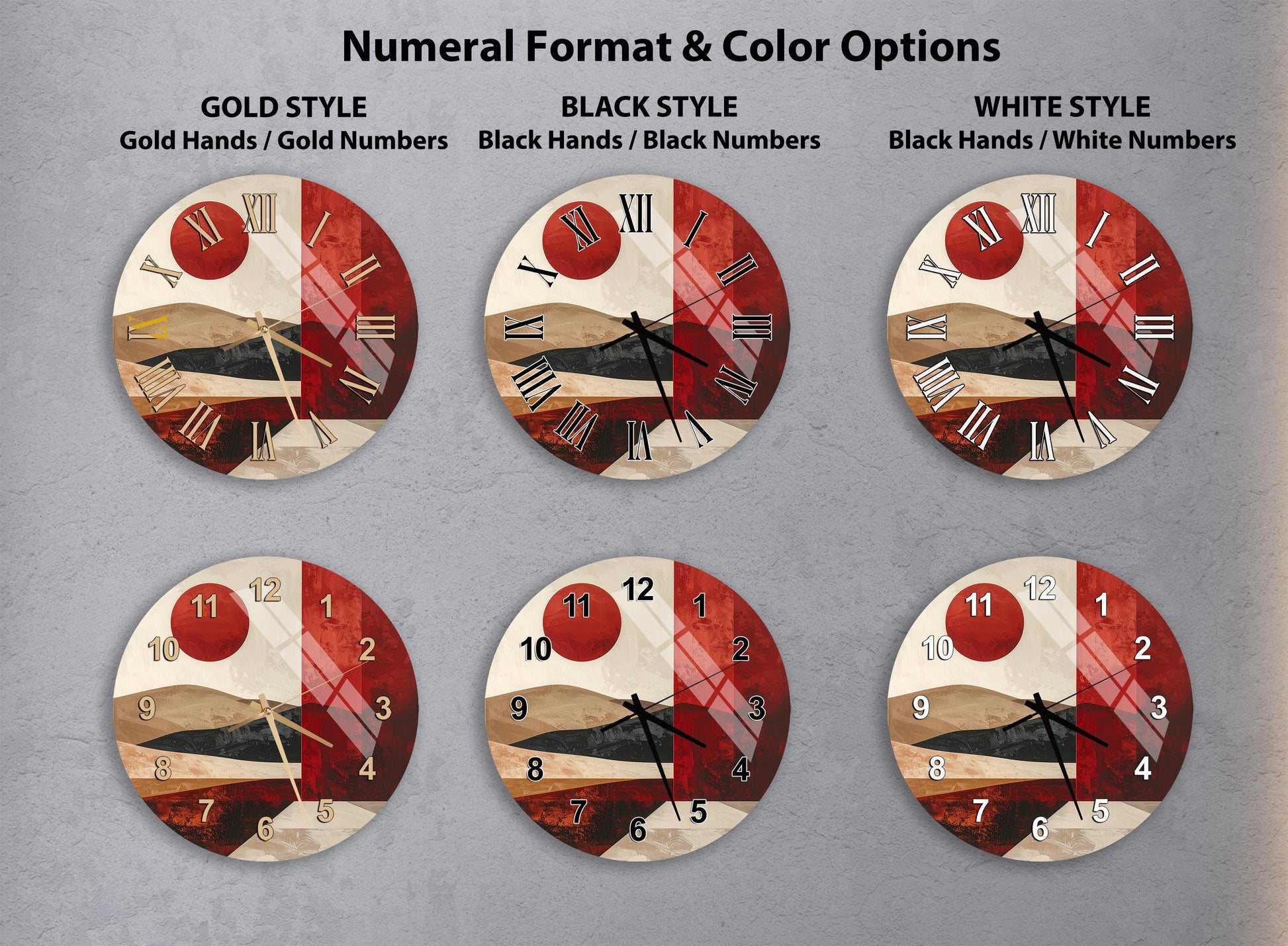 six different wall clocks with various styles and color options, including gold, black, white, and black and white.