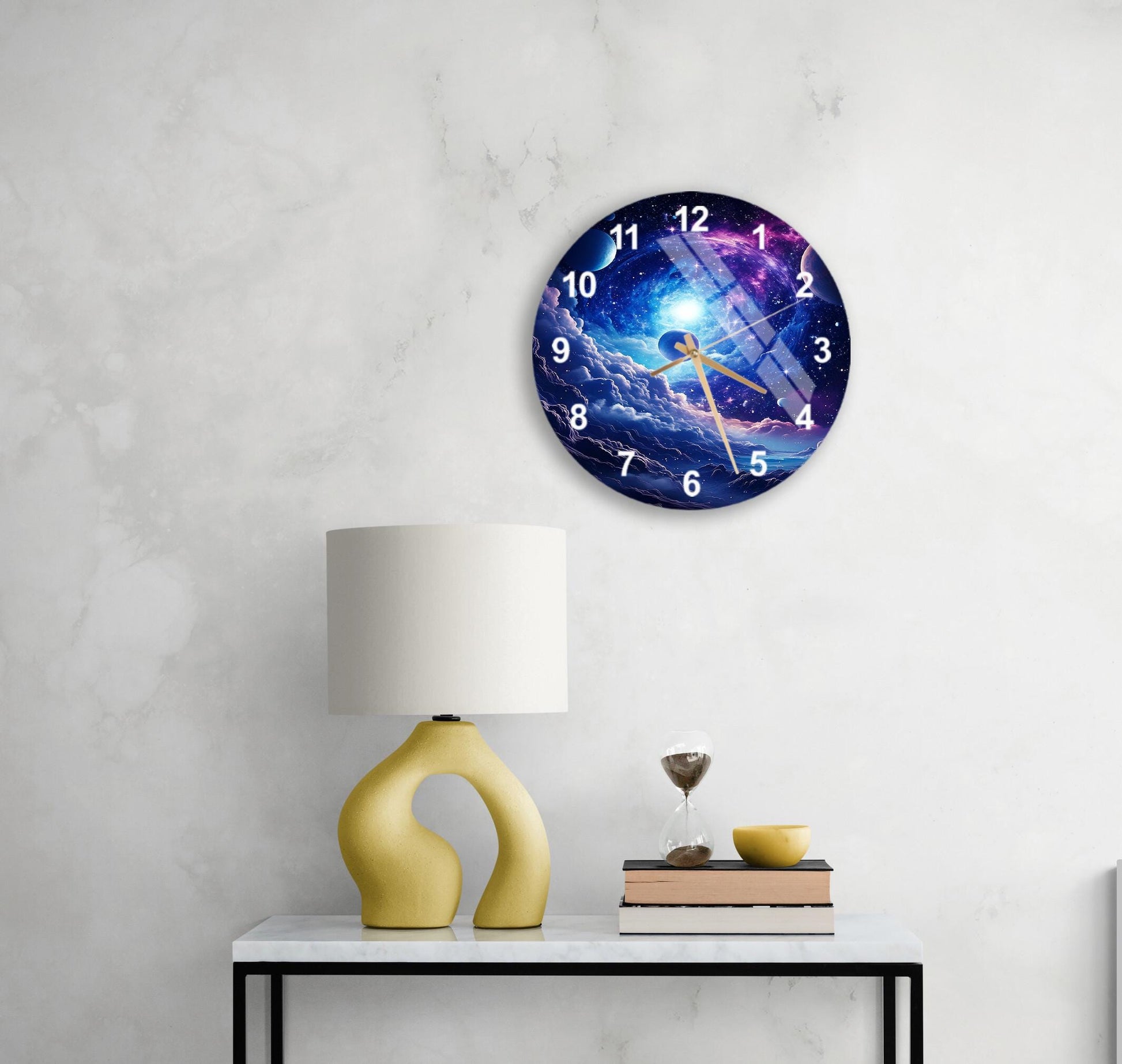 a table with a lamp and a clock on it
