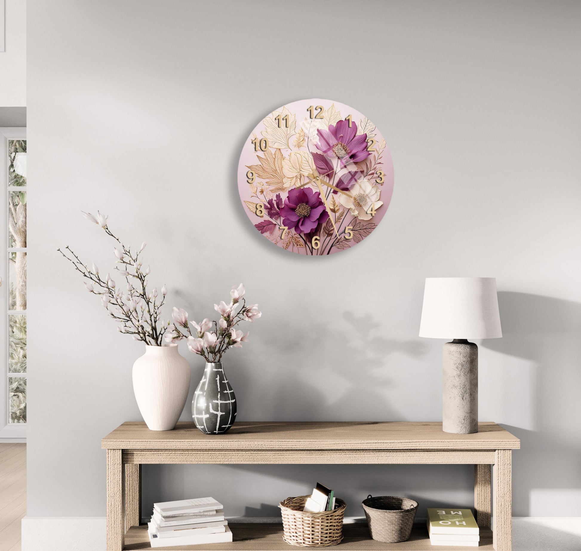 a wooden table topped with a vase filled with flowers