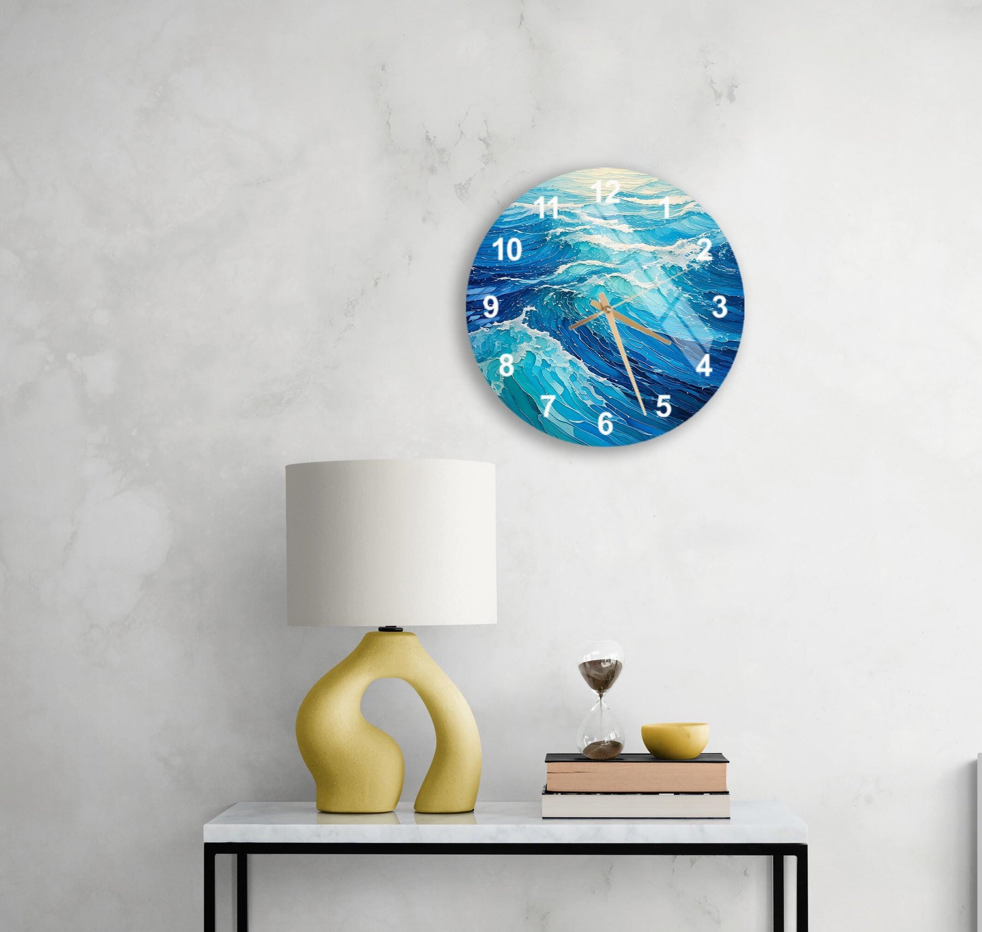 a table with a lamp and a clock on it