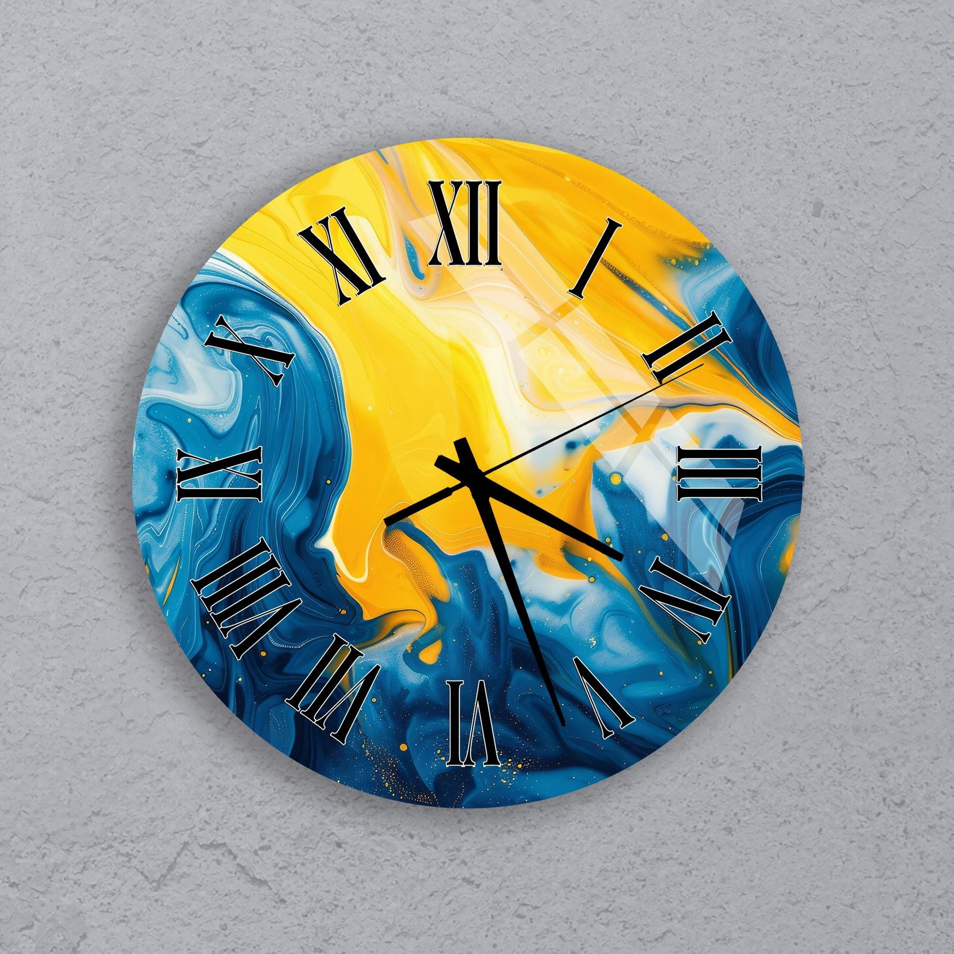 A round wall clock with a vibrant blue and yellow swirl design on its face.