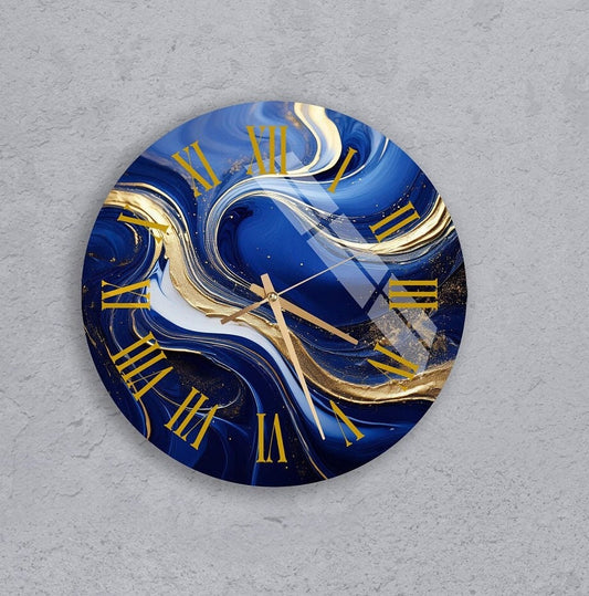 Tempered Glass Wall Clock – Navy Blue Liquid Swirl Abstract Wall Art Decor