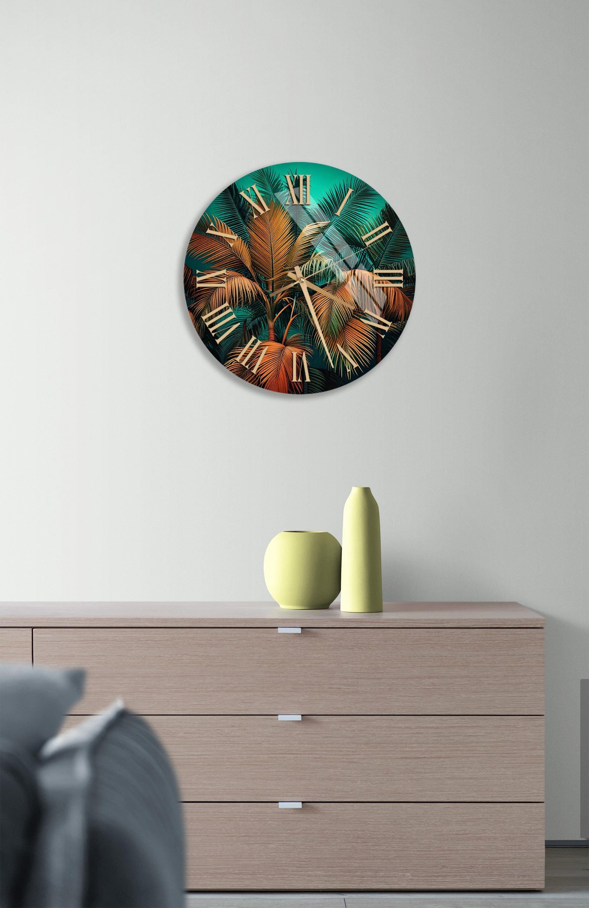 a large clock on a wall above a dresser