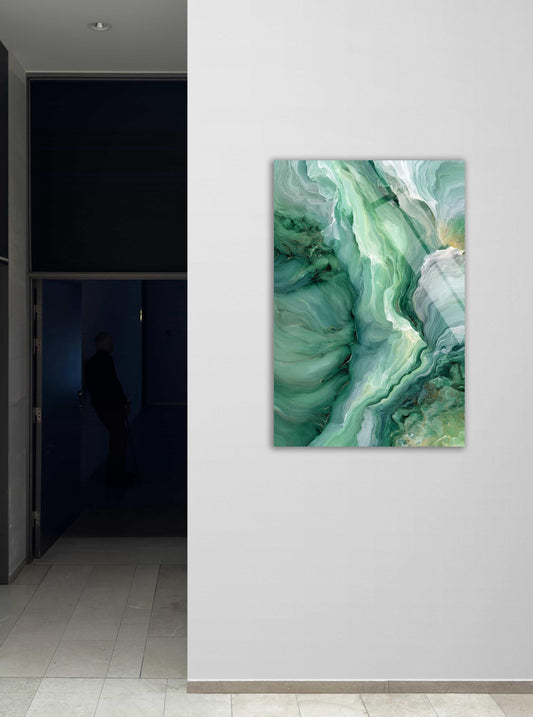 Emerald Green Wall Art – Abstract Marble Decor on Durable Tempered Glass Print