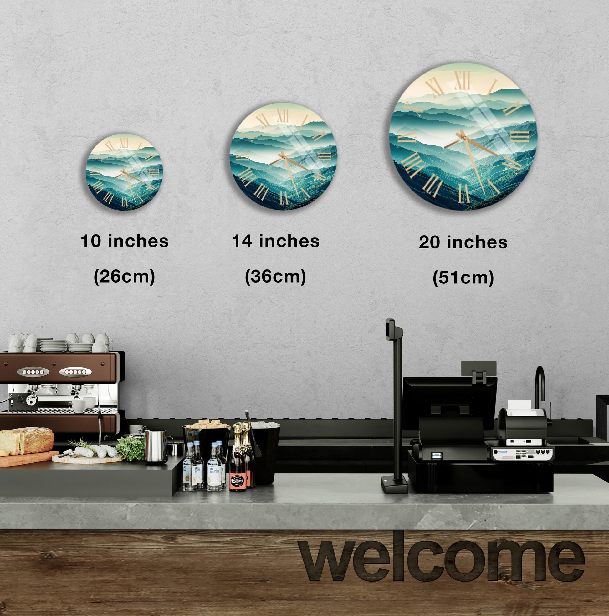 a coffee shop with three clocks on the wall
