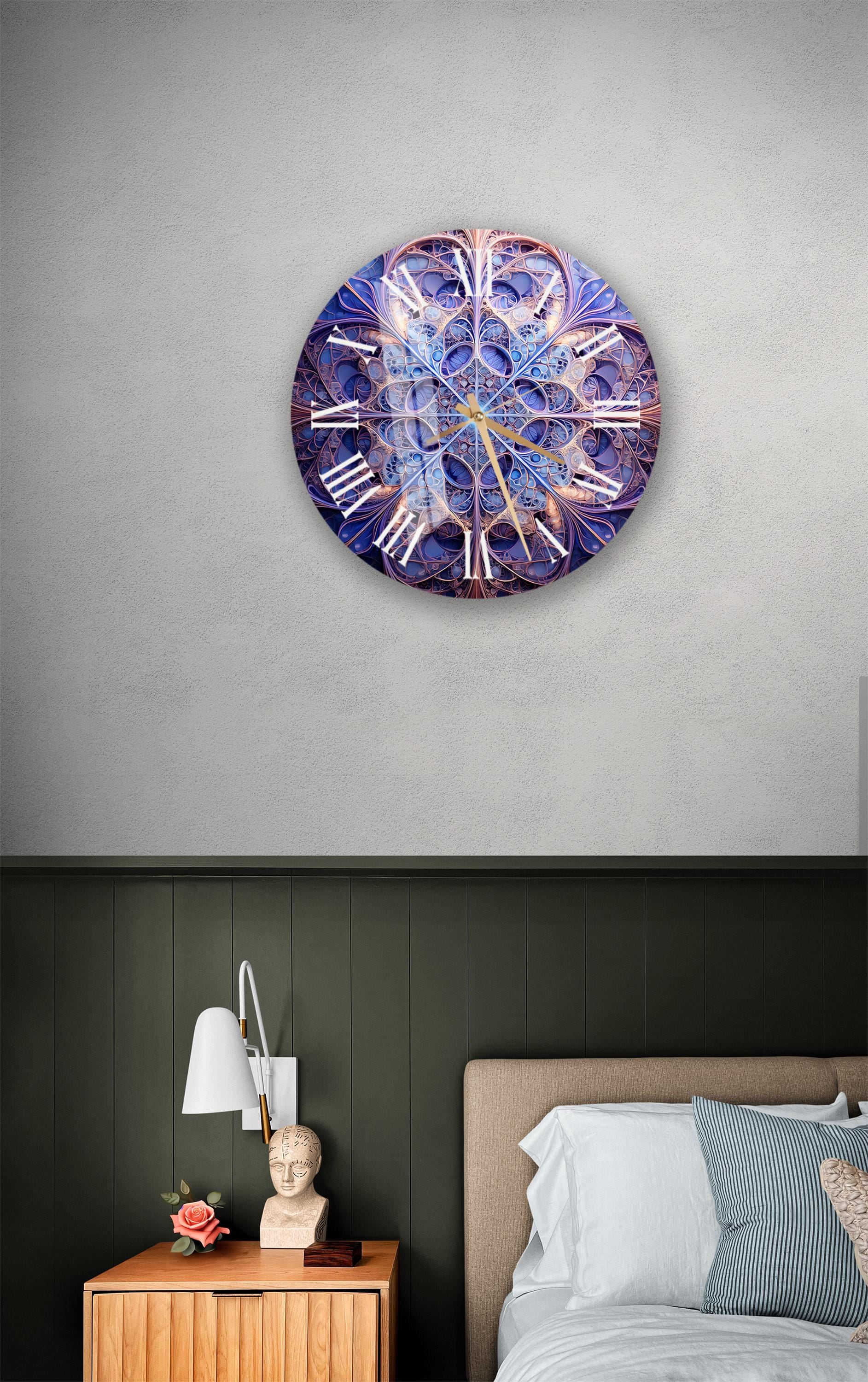 a bedroom with a bed and a clock on the wall