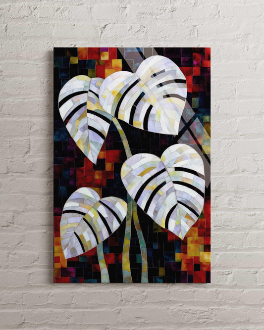 Monstera Glass Wall Art - Colorful Mosaic Tropical Wall Decor | Durable Panel