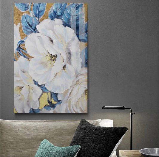Tempered Glass Wall Art – White Blue Gold Floral Botanical Panel, Durable Print