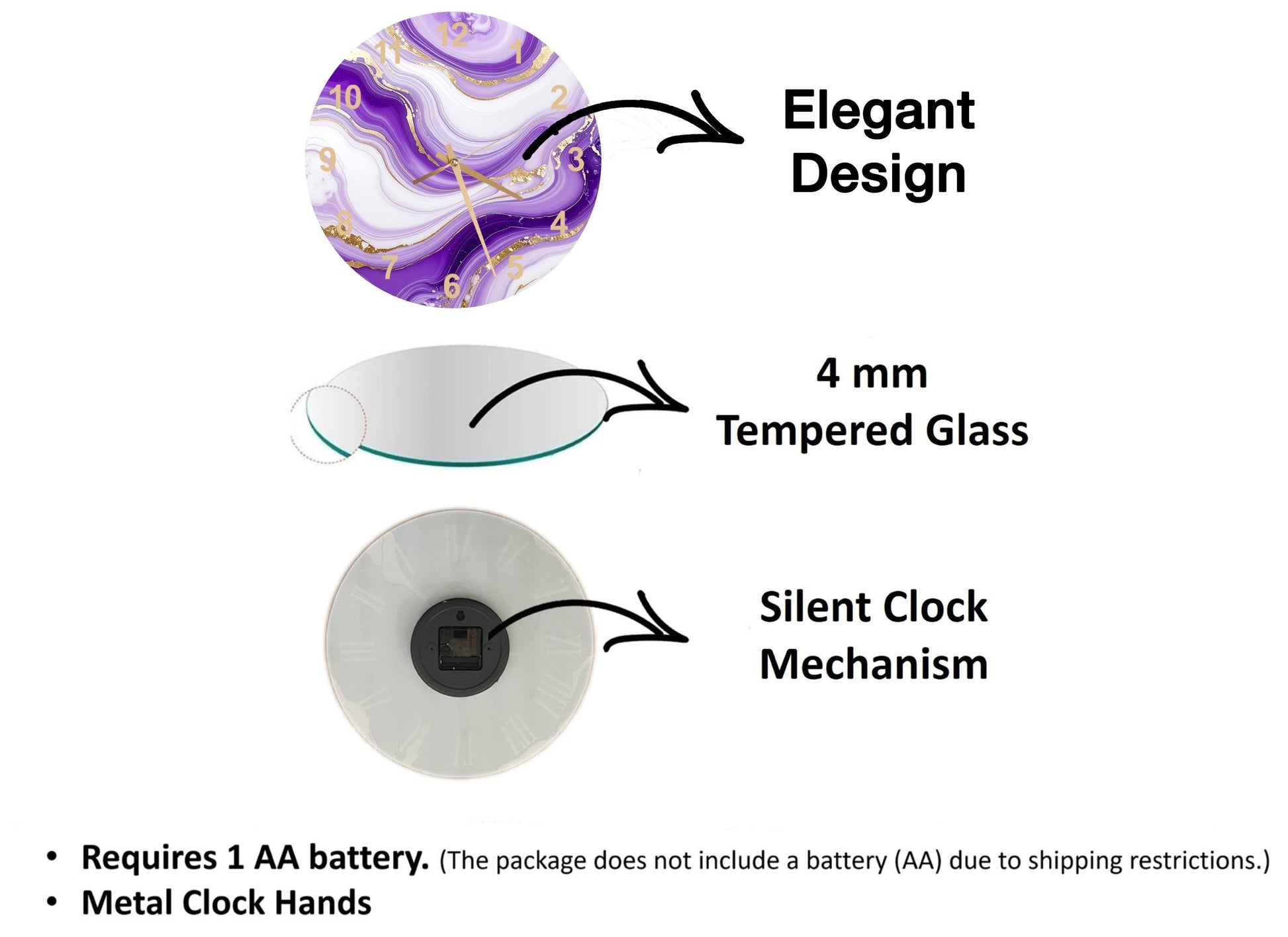 The image is a diagram that illustrates the features of a clock, including its design, size, and mechanism. It shows a 4 mm Tempered Glass clock face, a silent clock mechanism, and a metal clock hand. The diagram also includes text that explains the features of the clock, such as the requirement of a 1 AA battery and the absence of a battery (AA) due to shipping restrictions.