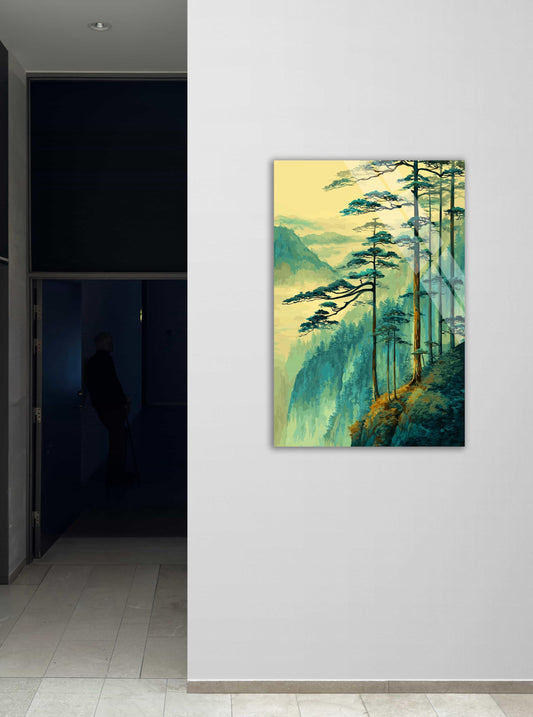 Tempered Glass Wall Art – Japanese Pine Art Teal Mountain Forest Decor