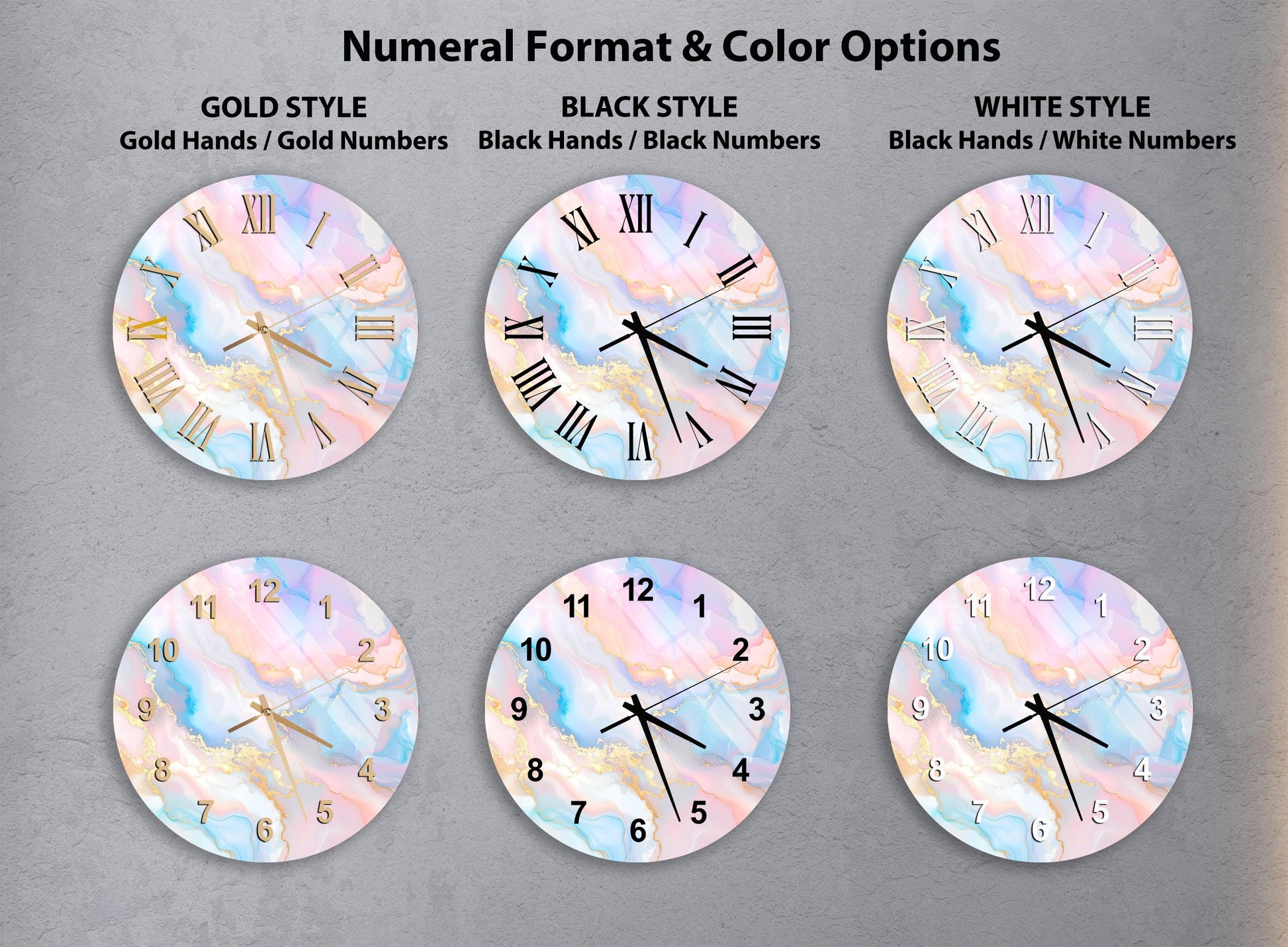 a collection of six wall clocks with different styles and color options, including gold hands, black hands, black numbers, white hands, black numbers, and black numbers.