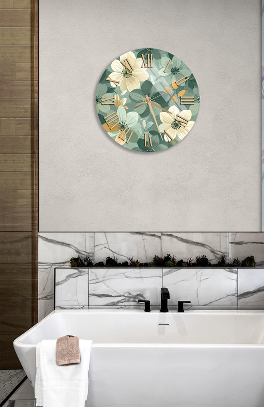 Floral Wall Clock – Tempered Glass, Green & Cream Flowers, Oversized Decor