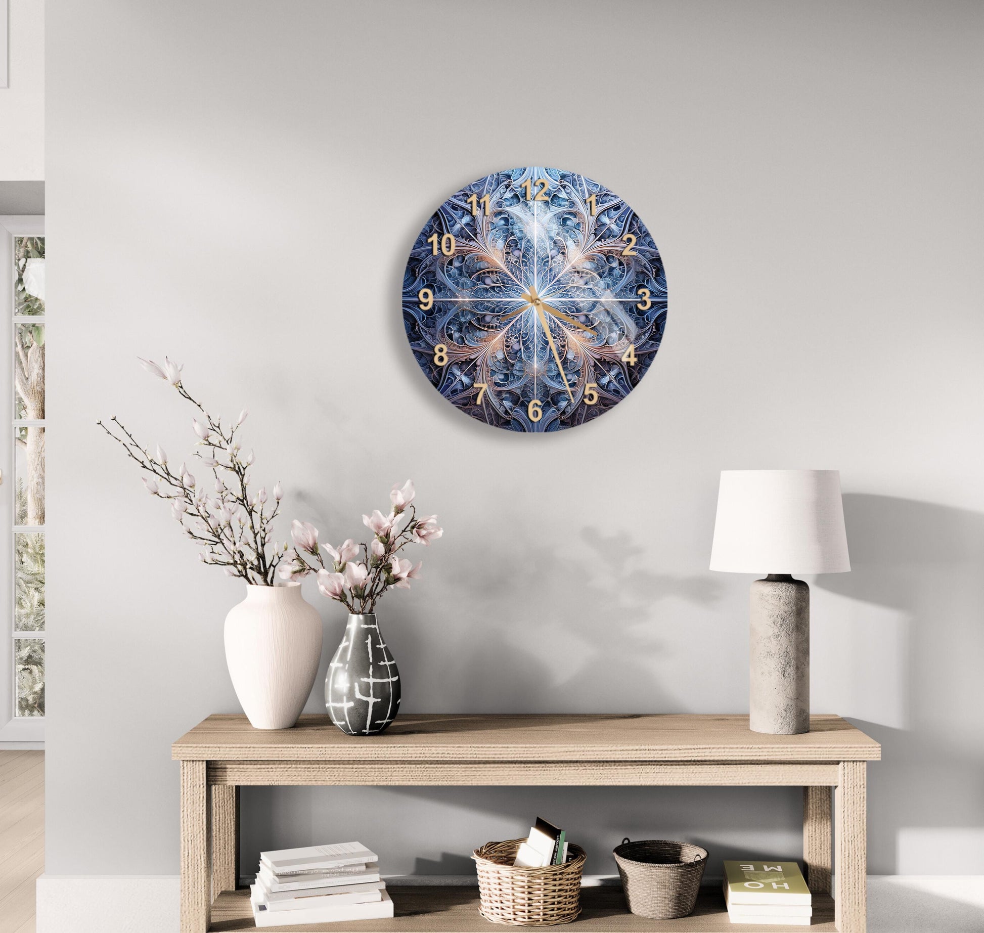 a table with a vase of flowers and a clock on the wall