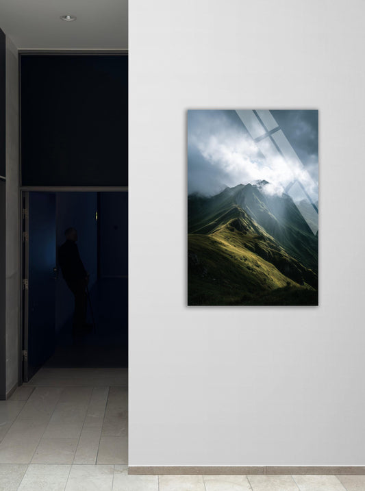 Tempered Glass Wall Art - Moody Mountain Peak Decor With Misty Alpine Landscape