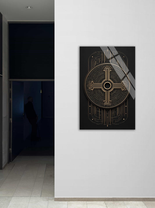 Gold Occult Cross Wall Art – Tempered Glass Decor | Gothic Mandala Print