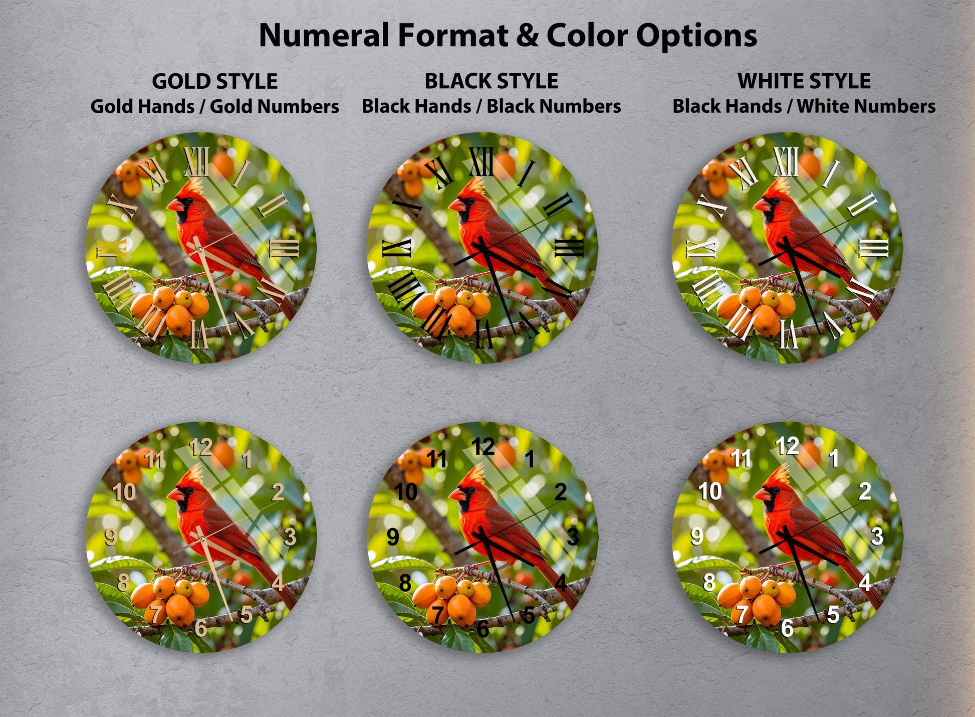 a collection of six circular images, each featuring a red cardinal bird perched on a branch with oranges. The images are arranged in a grid format, with three images in each row and two images in each column. The images are set against a backdrop of green leaves and branches, creating a natural and vibrant scene.