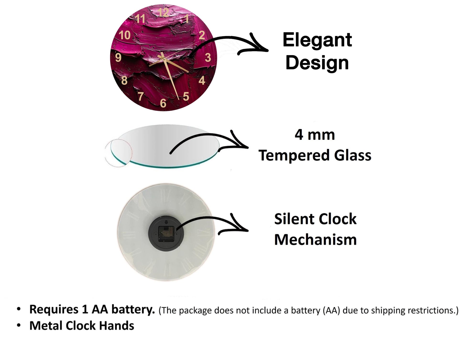 The image is a diagram that illustrates the features of a clock, including its design, materials, and mechanism. It shows a 4 mm Tempered Glass clock, a silent clock mechanism, and a metal clock hand. The diagram also includes text that explains the features of the clock, such as the requirement of a 1 AA battery and the absence of a battery (AA) due to shipping restrictions.