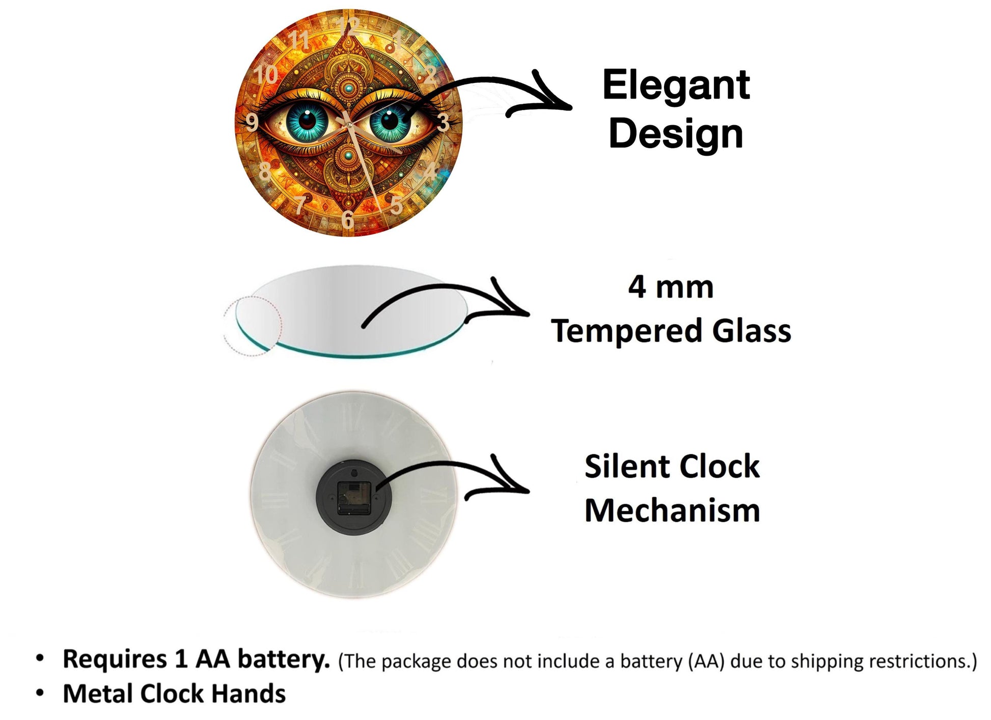 The image is a diagram that illustrates the features of a clock, including the 4 mm Tempered Glass, the Silent Clock Mechanism, and the Metal Clock Hands.