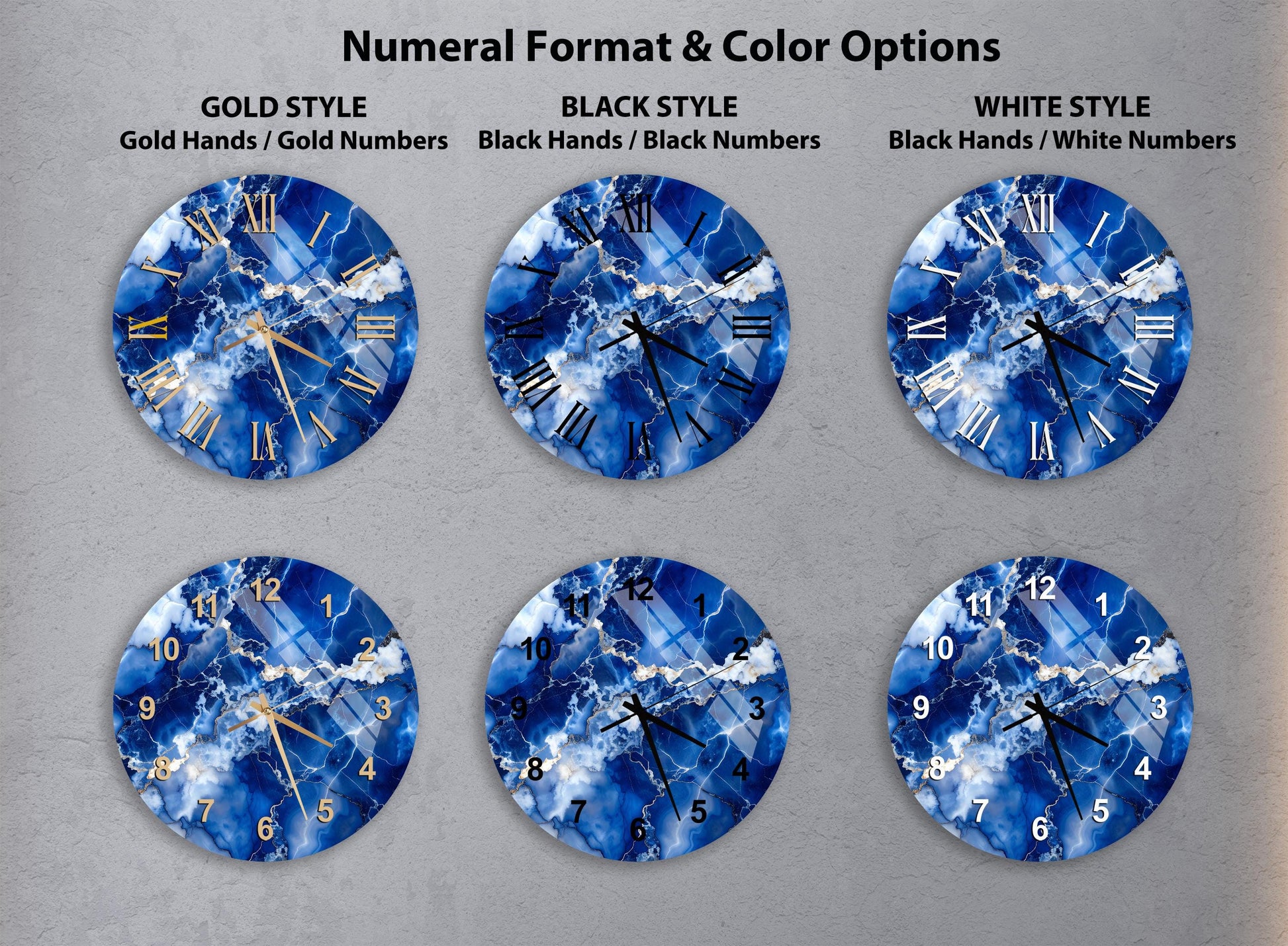 a collection of six clock faces with different styles and color options, including gold hands, black hands, black numbers, and white numbers.
