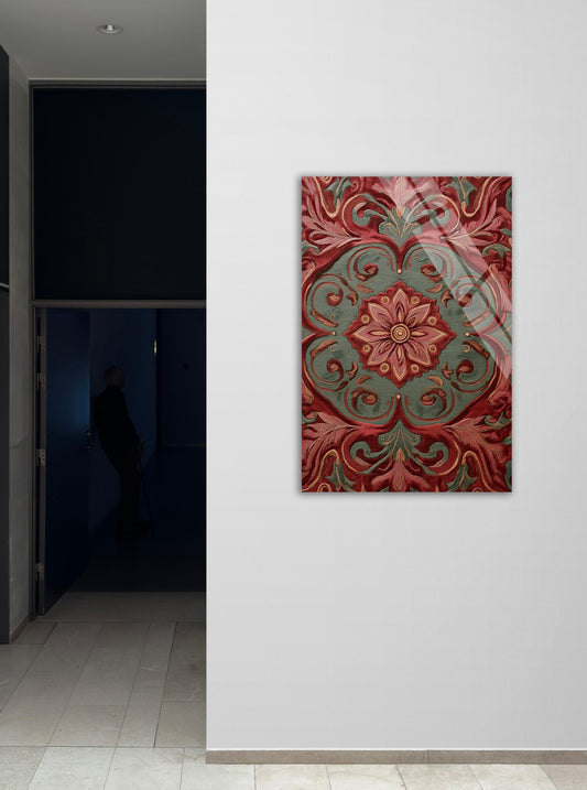 Floral Damask Tempered Glass Wall Art – Vintage Mandala, Ornate Tapestry Design